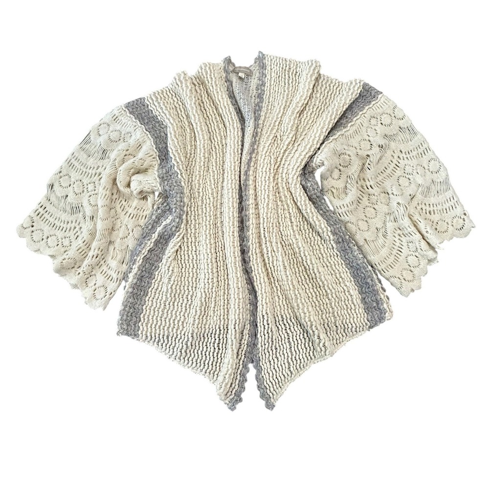 Anthropologie Crochet Bell Sleeve Cardigan Cream Gray Boho Oversized Knit